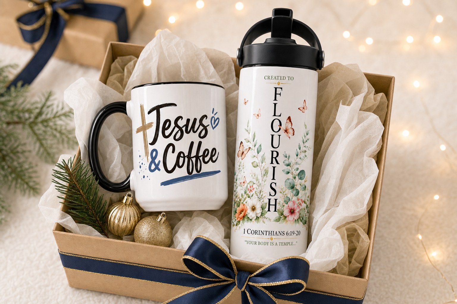 Jesus & Coffee mug and Created to Flourish tumbler gift-boxed with a navy and gold ribbon